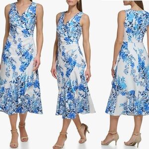 Eliza J Sleeveless V-Neck Midi Dress Womens 4 White Blue Floral Vacation NEW